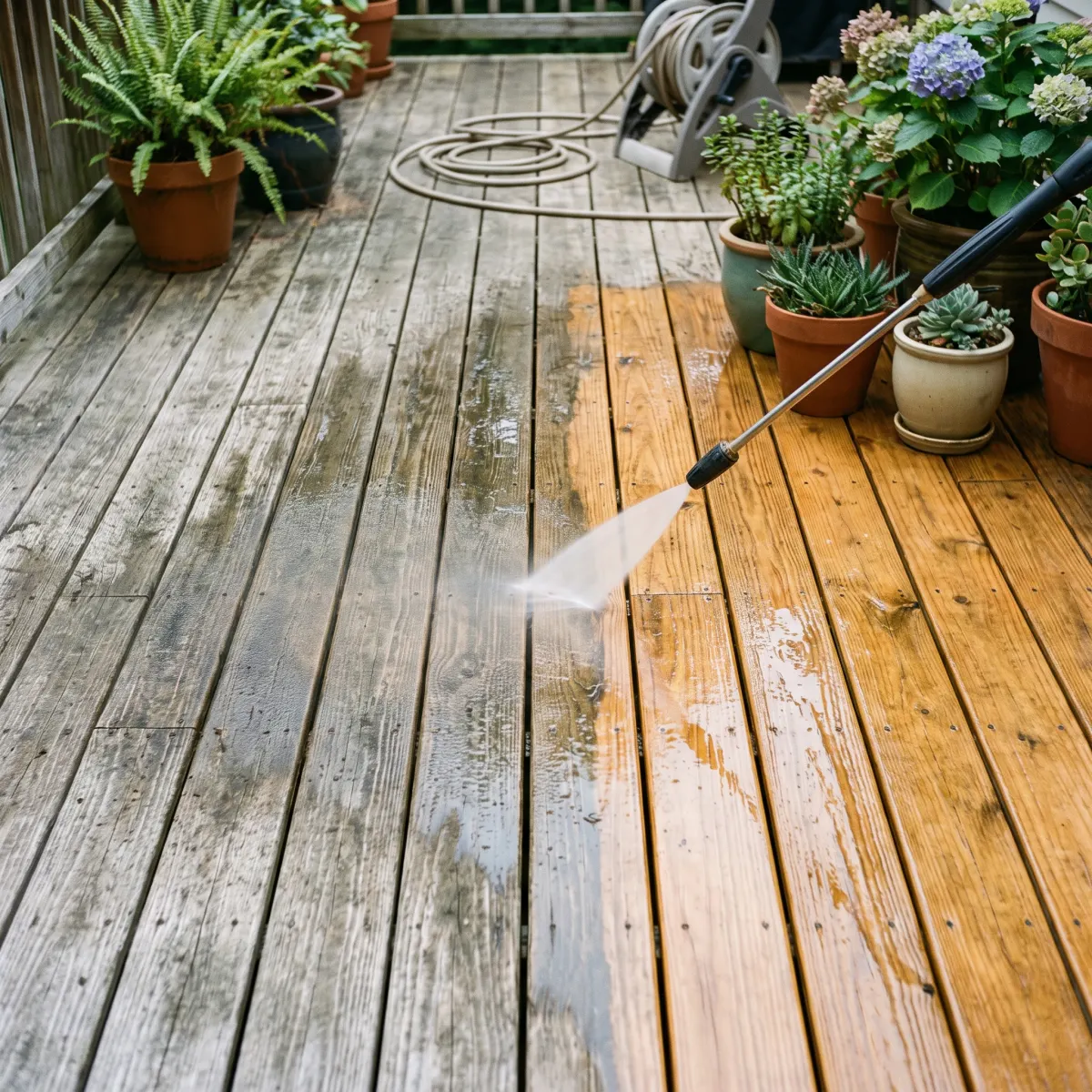 Wooden backyard deck being cleaned, weathered gray boards on one side and freshly cleaned warm-toned wood on the other where the pressure washer has passed