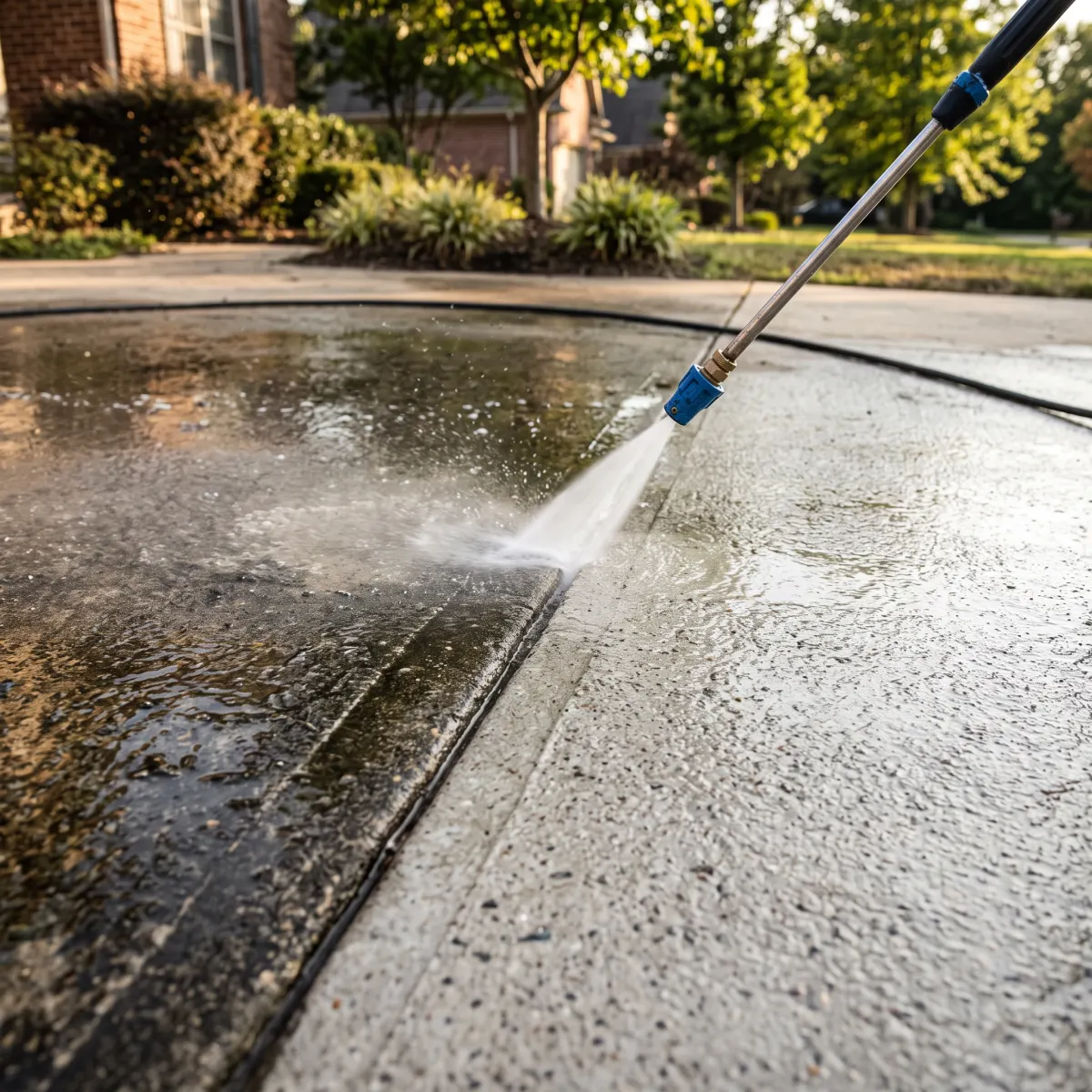Close-up of a concrete driveway mid-wash, a sharp line dividing dark stained concrete from freshly cleaned bright concrete
