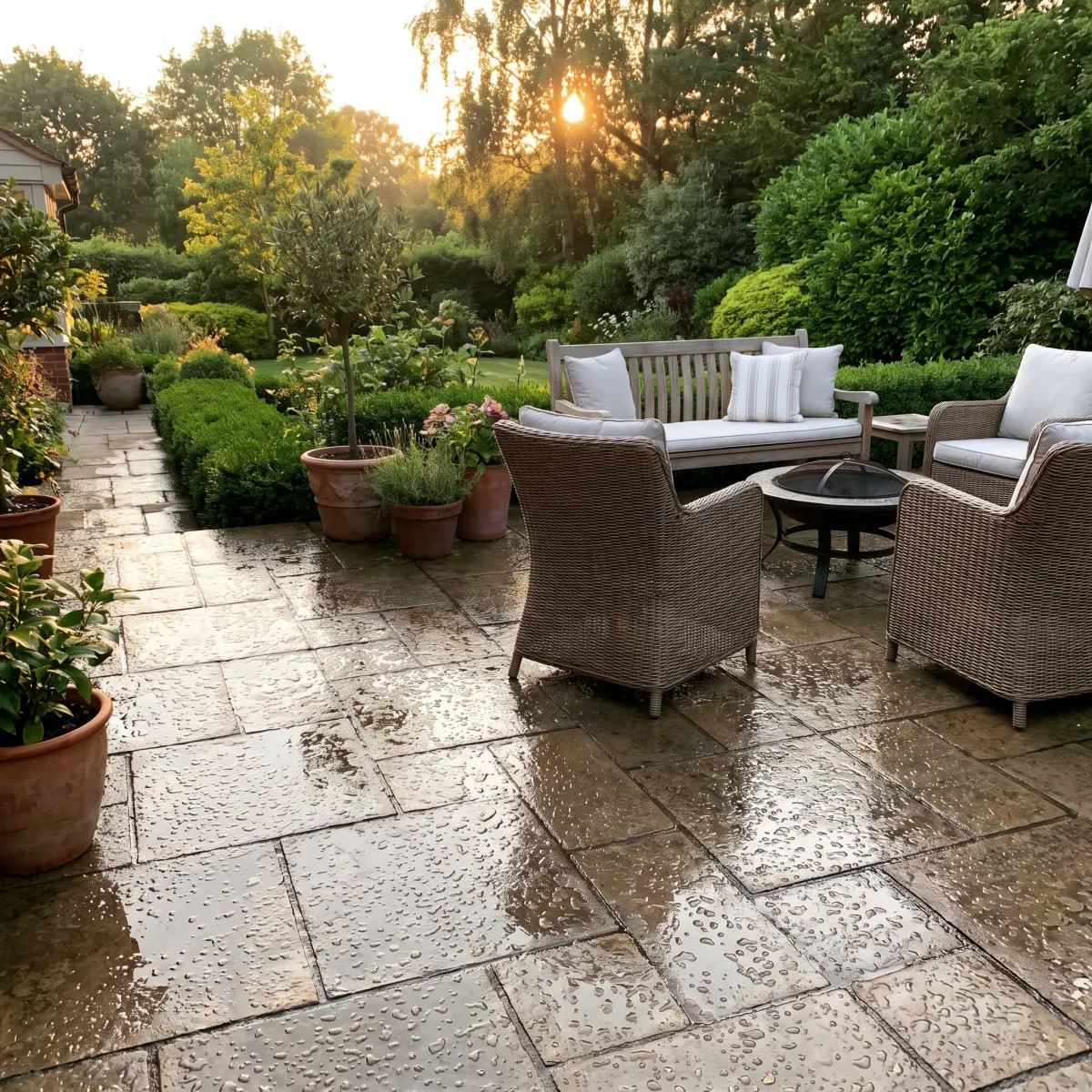 Clean stone patio with outdoor seating and a fire pit in a landscaped backyard at golden hour, stone surface glistening from a recent wash